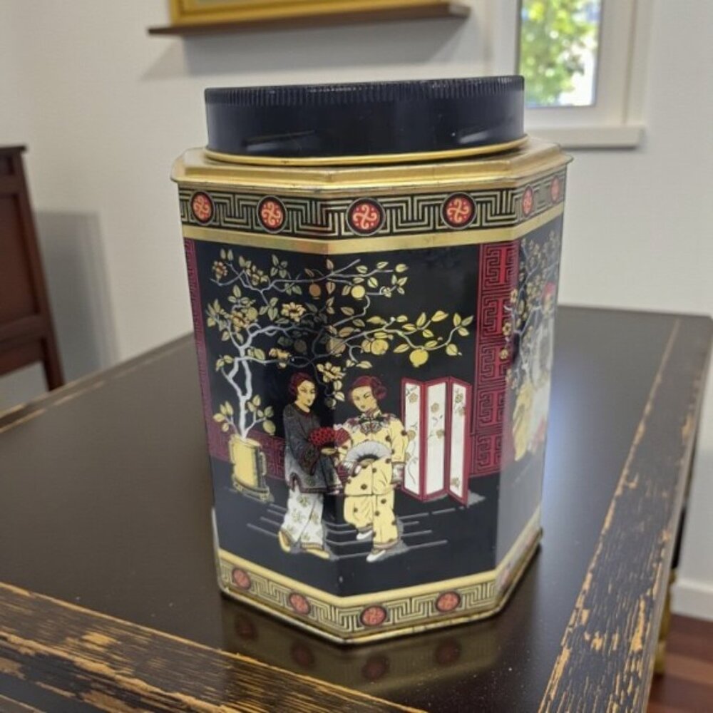 Vintage Oriental ASIAN GEISHA Style Tea Tin Storage Container Octagonal